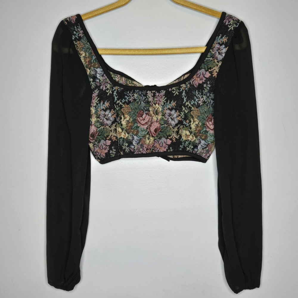 Floral Tapestry Lace Up Corset Crop Top Sheer Long Sleeve S Goth Fairy Grunge - Picture 5 of 7